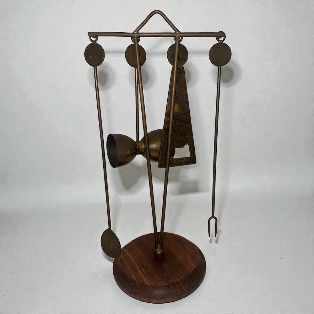 VINTAGE Mid-Century Solid Brass Bar Tool Set with Greek Motif & Wood Base
